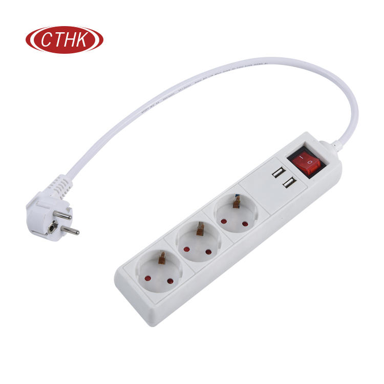 European Style Power Strip With Three Sockets And Two USB Ports
